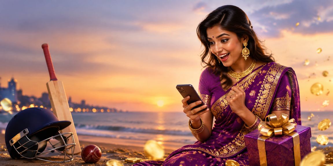 Scenic Chennai Marina Beach with cricket fans checking betting on mobile at sunset