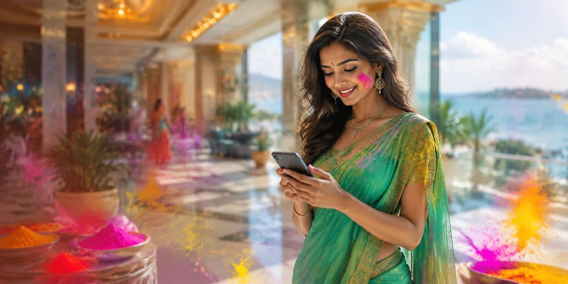 Indian woman in saree using mobile for lottery and betting